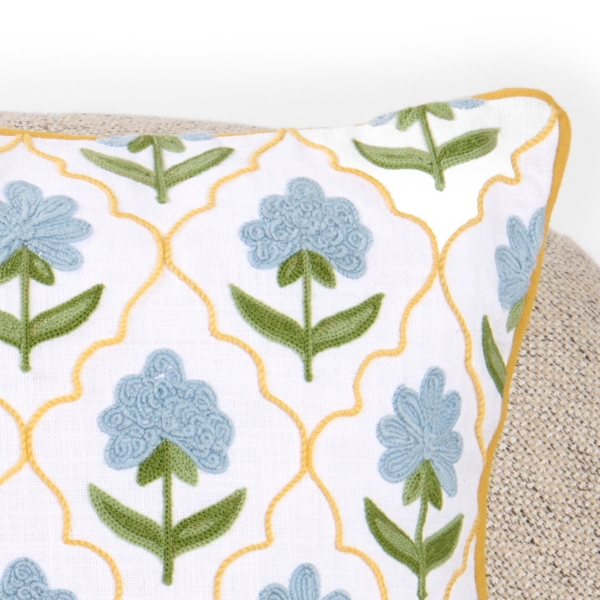 Blue Crewel Floral Quatrefoil Pillow