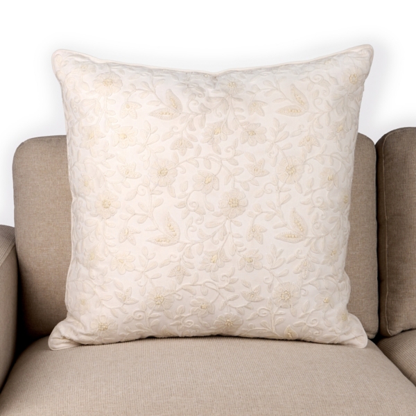 Cream Embroidered Floral Pillow