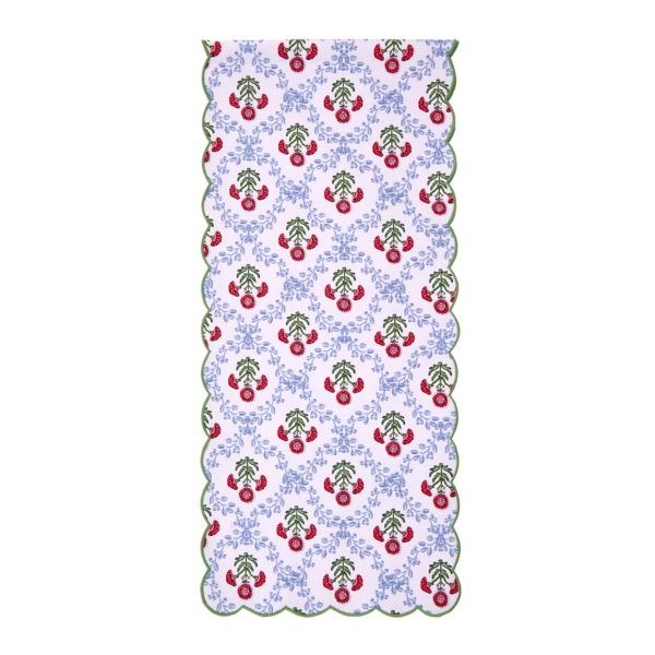 Floral Block Print Scalloped Table Runner