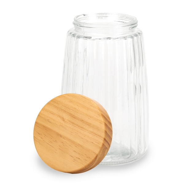 Ribbed Glass Canister with Wood Lid, 8.5 in.