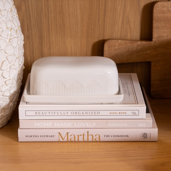 White Ribbed Stoneware Butter Dish