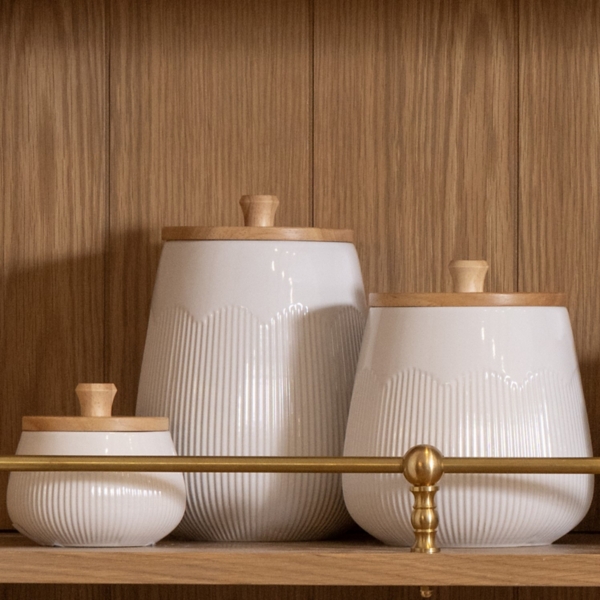White Ribbed Stoneware Canisters, Set of 3