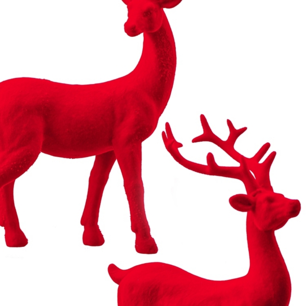 Flocked Red Deer Figurines, Set of 2