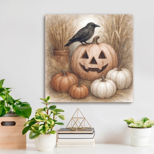 Crow on Jack O Lantern Canvas Art Print