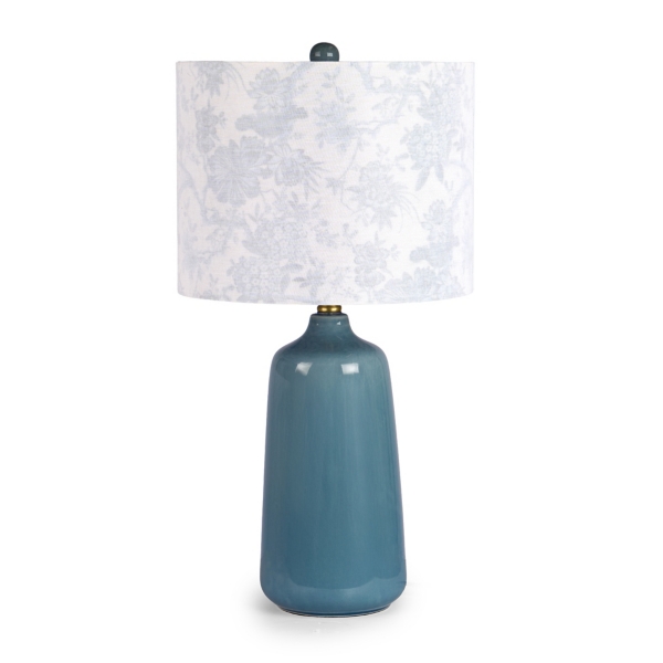 Blue Ceramic Table Lamp with Floral Shade