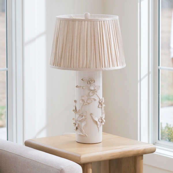 White Ceramic Table Lamp with 3D Flowers