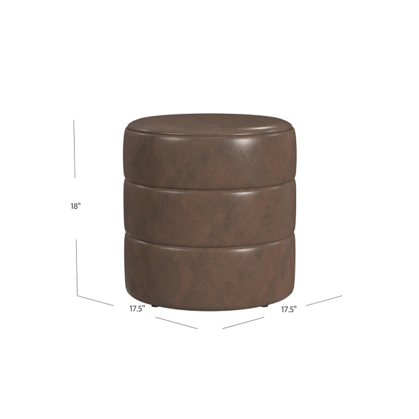 Brown Faux Leather Channel Tufted Round Ottoman