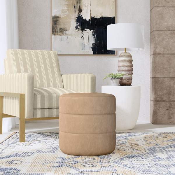 Sand Faux Leather Channel Tufted Round Ottoman