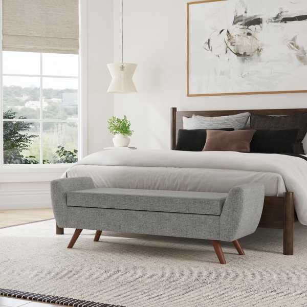 Gray Woven Storage Bench with Wood Legs