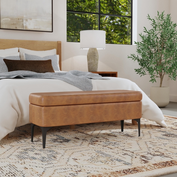 Rounded Caramel Faux Leather Storage Bench