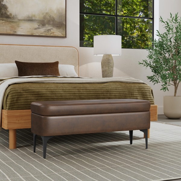 Rounded Brown Faux Leather Storage Bench