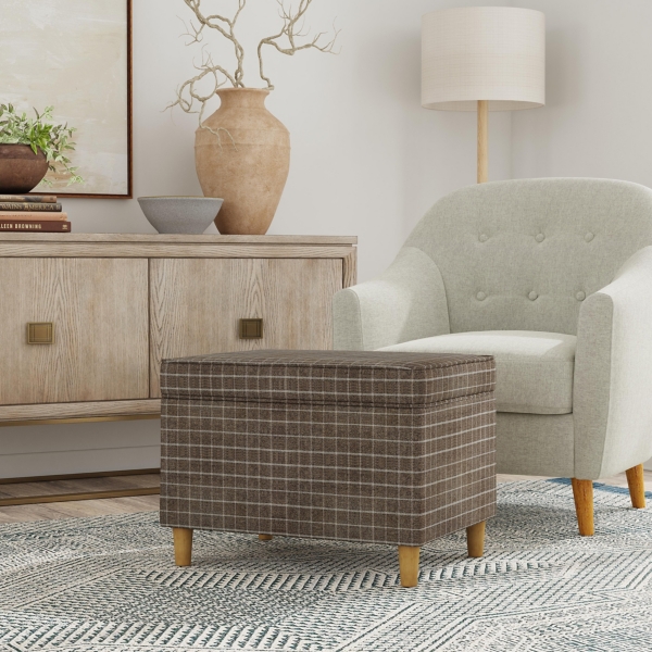 Brown Windowpane Upholstered Storage Ottoman