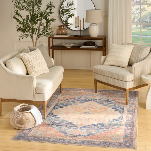 Blue & Coral Medallion Washable Area Rug