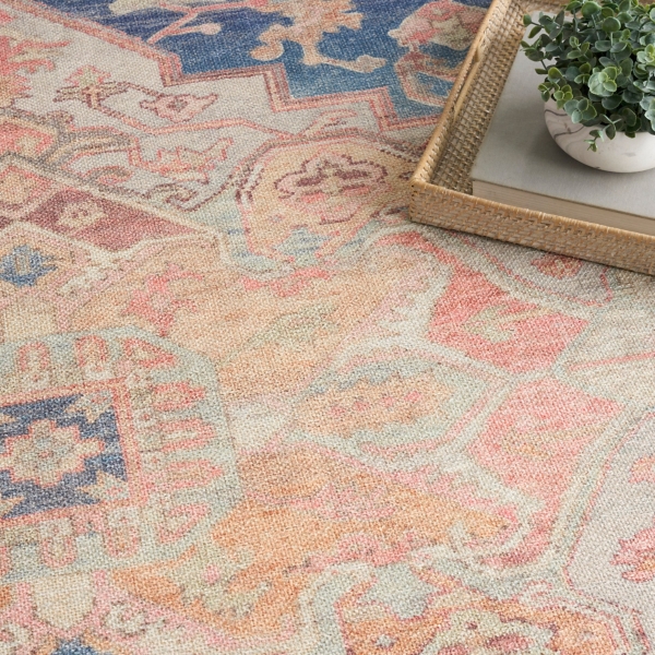 Blue & Coral Medallion Washable Area Rug