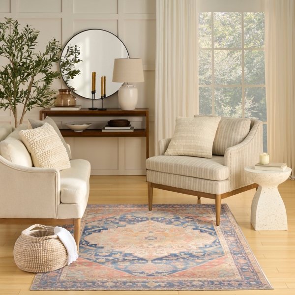 Blue & Coral Medallion Washable Area Rug