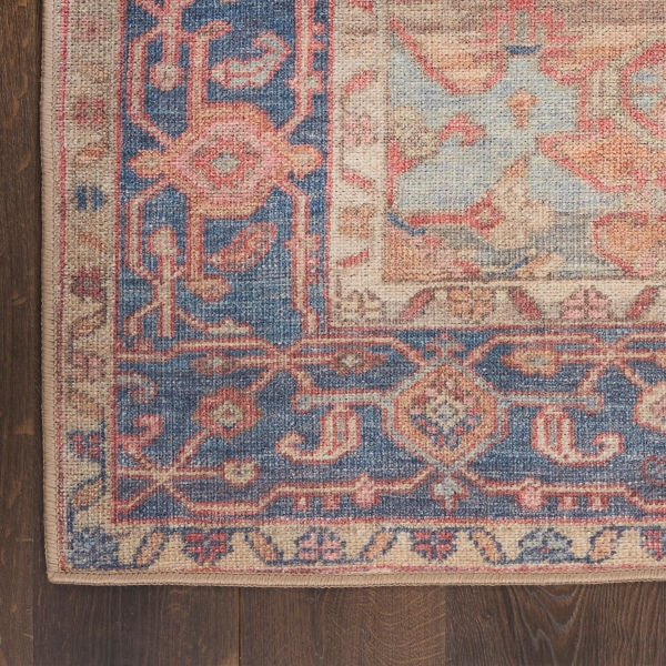 Blue & Coral Medallion Washable Area Rug