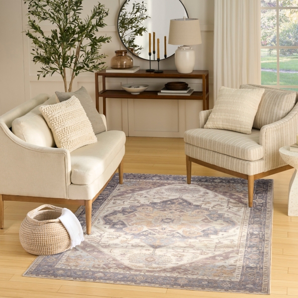 Purple & Ivory Medallion Washable Area Rug