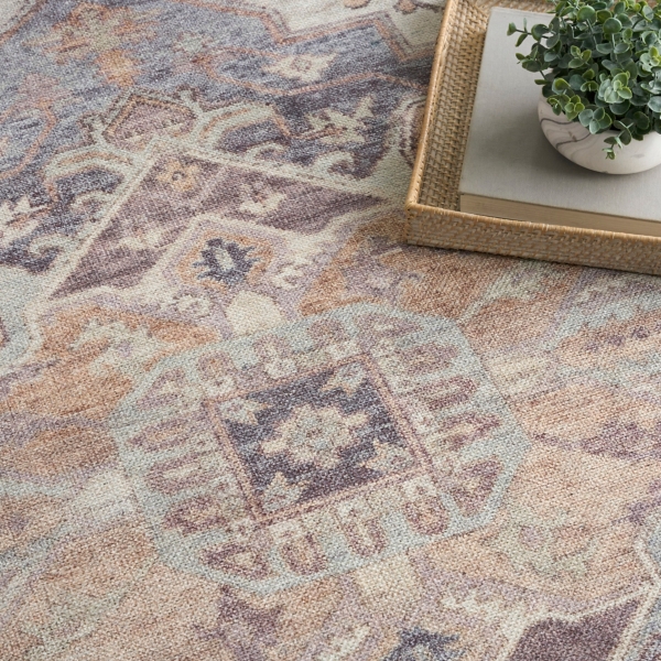 Purple & Ivory Medallion Washable Area Rug