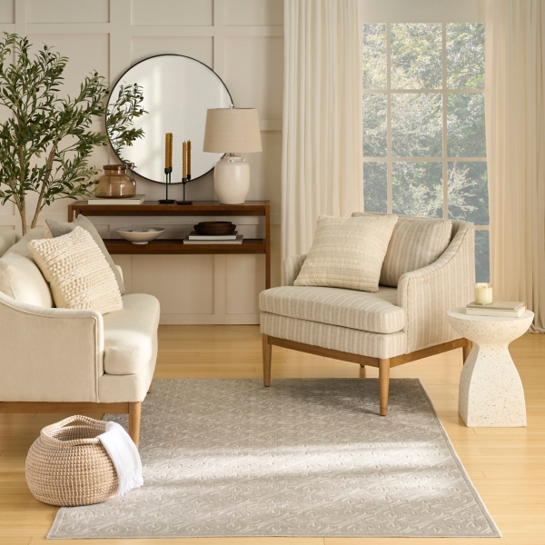 Silver Floral Charm Washable Area Rug, 5x7