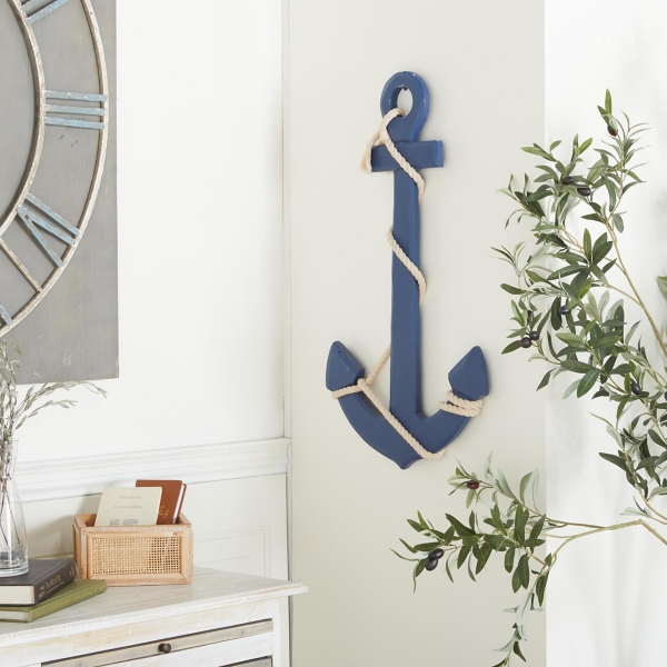 Blue Wood Anchor with Rope Wall Plaque