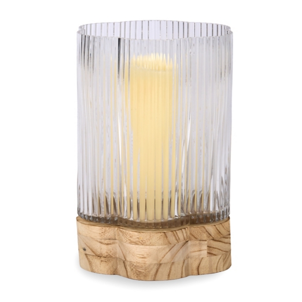 Scalloped Glass Light Wood Base Hurricane
