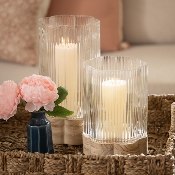 Scalloped Glass Light Wood Base Hurricane