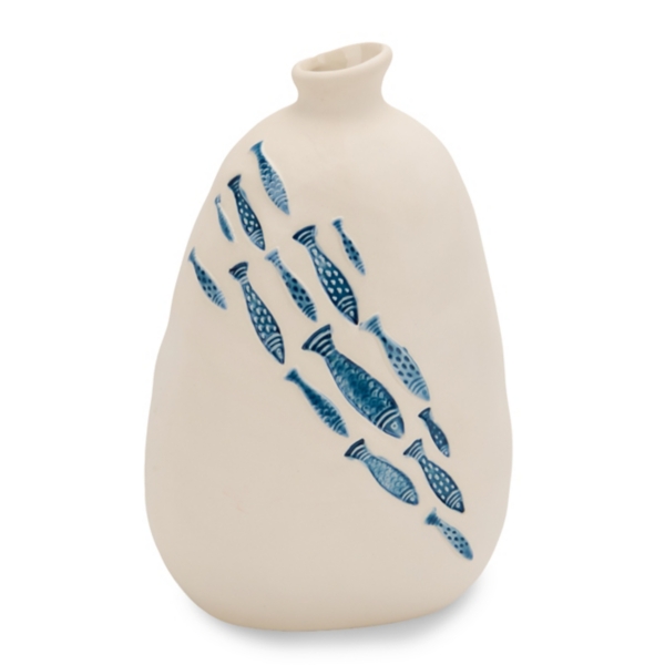 Blue Fish White Ceramic Vase
