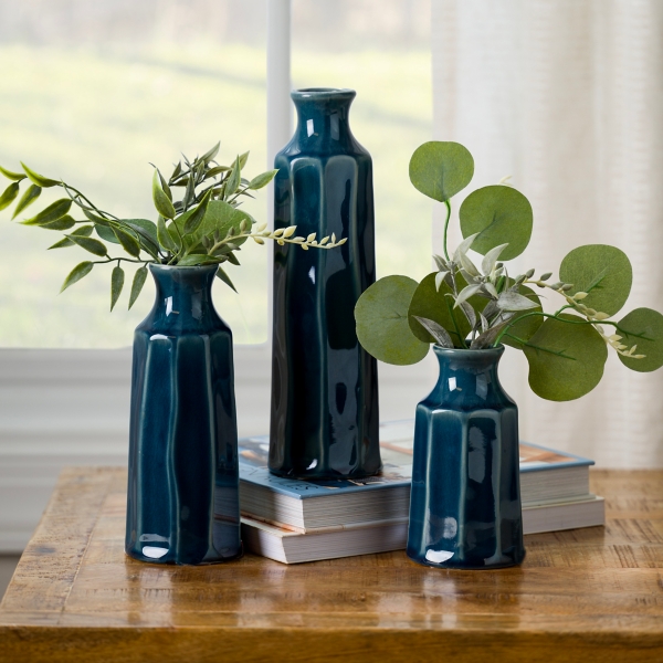 Navy Faceted Ceramic Vases, Set of 3
