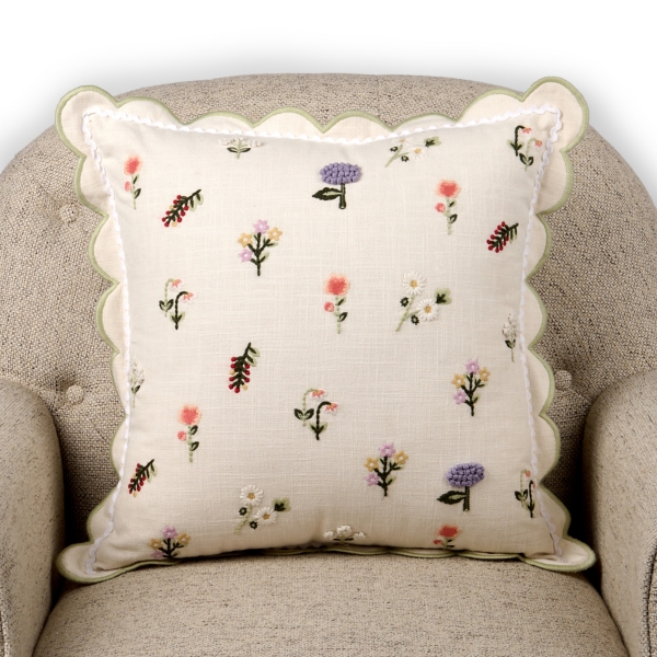 Sweet Embroidered Floral Scalloped Pillow