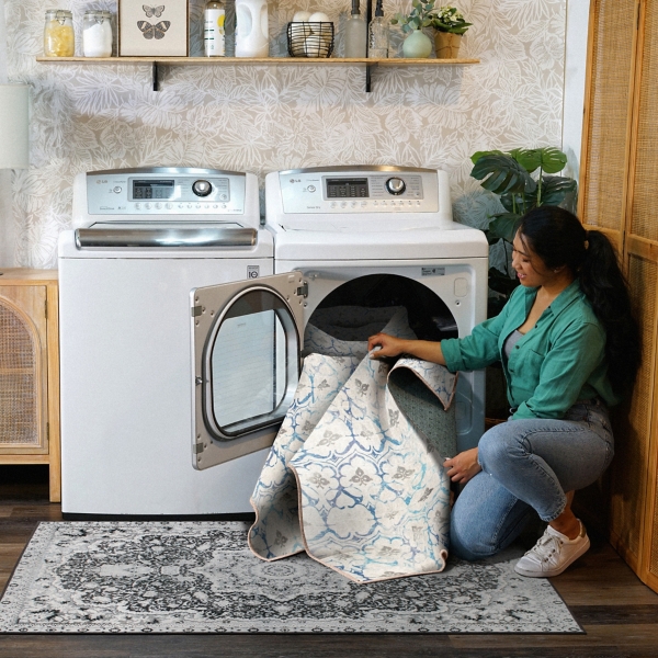 Blue and Cream Damask Washable Area Rug