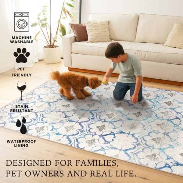 Blue and Cream Damask Washable Area Rug, 5x7