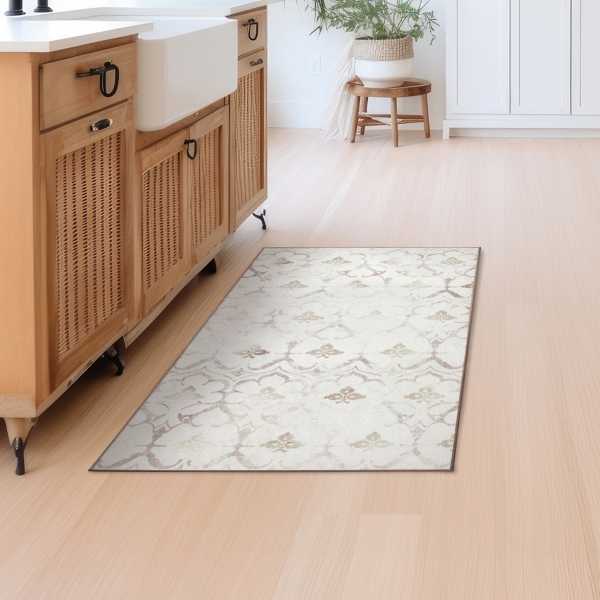 Ivory Damask Washable Area Rug
