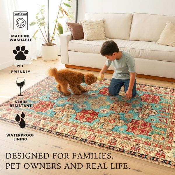 Ottoman Turquoise Washable Area Rug, 3x5