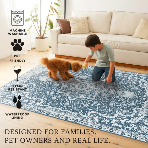 Parviz Blue Washable Area Rug, 3x5