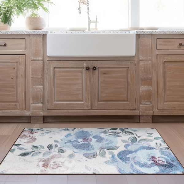 Sasha Blue Floral Washable Area Rug