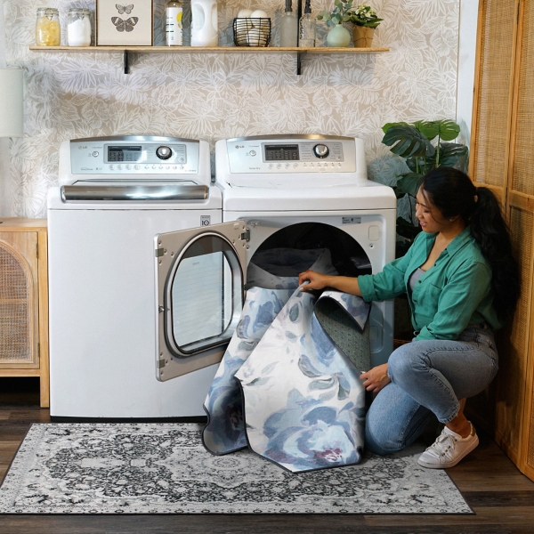 Sasha Blue Floral Washable Area Rug