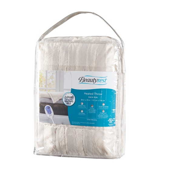 Beautyrest Duke White Heated Faux Fur Throw