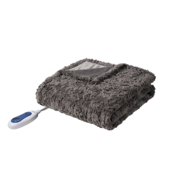 Beautyrest Gray Heated Oversized Faux Fur Throw