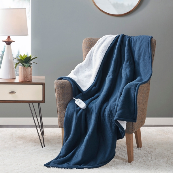 Serta Navy Heated Sherpa Throw