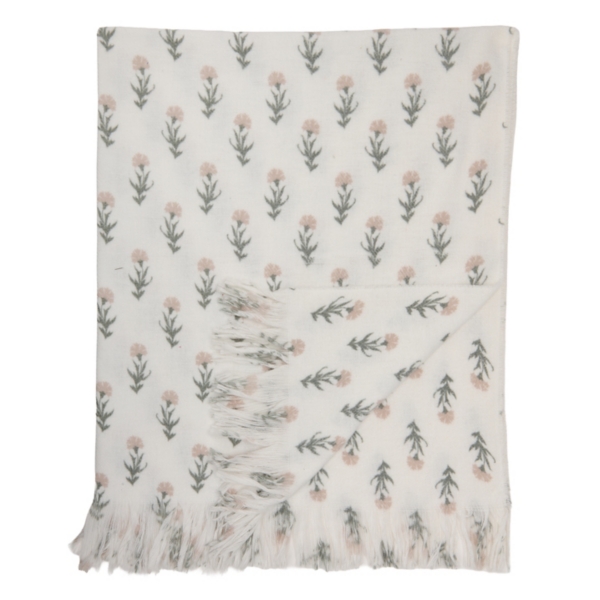 White Floral Print Fringe Throw