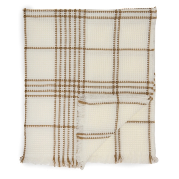 Ivory & Brown Plaid Waffle Weave Fringe Throw