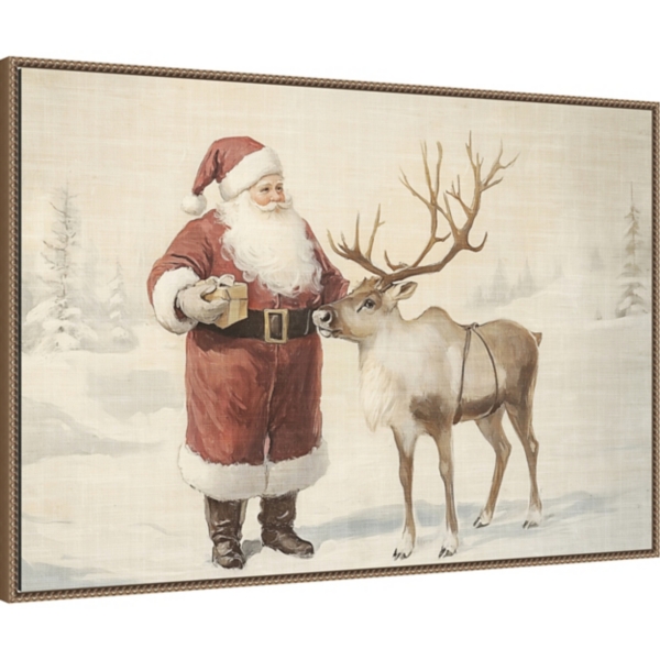 Santa Claus with Reindeer Framed Canvas Art Print
