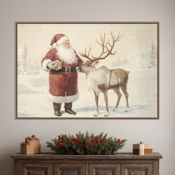 Santa Claus with Reindeer Framed Canvas Art Print