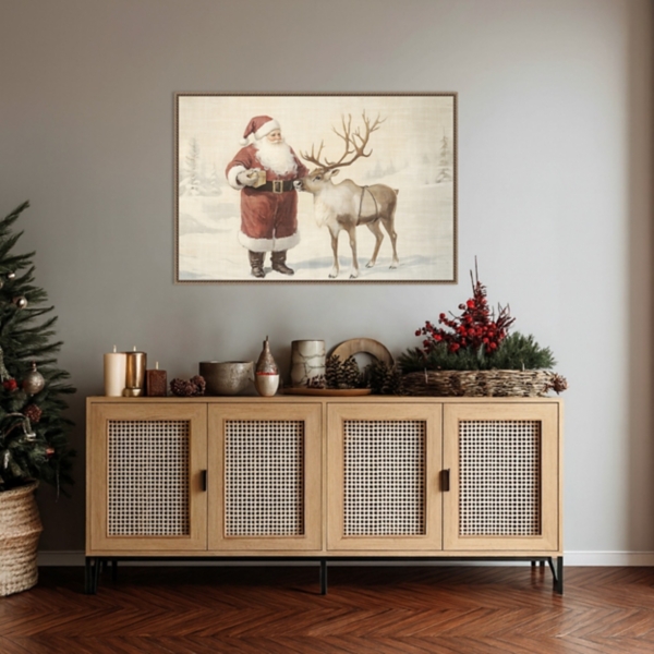 Santa Claus with Reindeer Framed Canvas Art Print