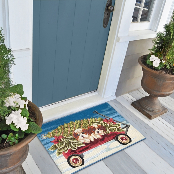 Pups in a Wagon Christmas Doormat, 28x47