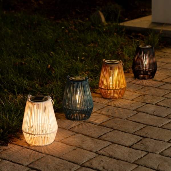 Blue Faux Rattan Hanging Solar Lantern