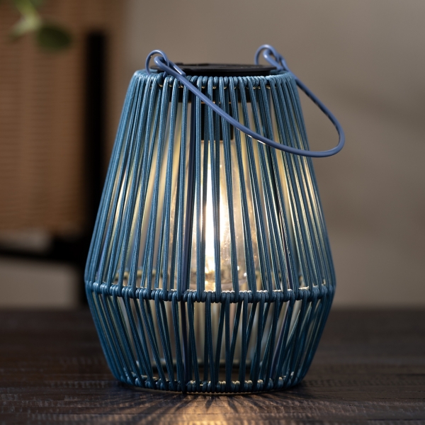 Blue Faux Rattan Hanging Solar Lantern