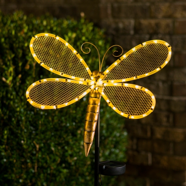Gold Metal Dragonfly Solar Stake