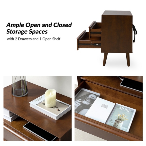 Frieda Walnut Brown 2 Drawer Charging Nightstand