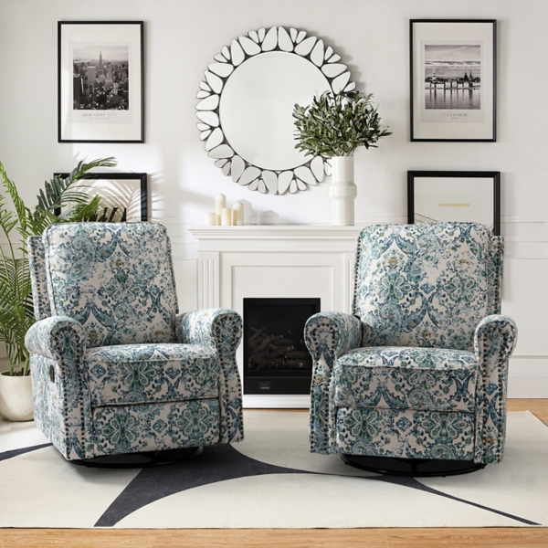 Blue Floral Kaspar Swivel Manual Recliner